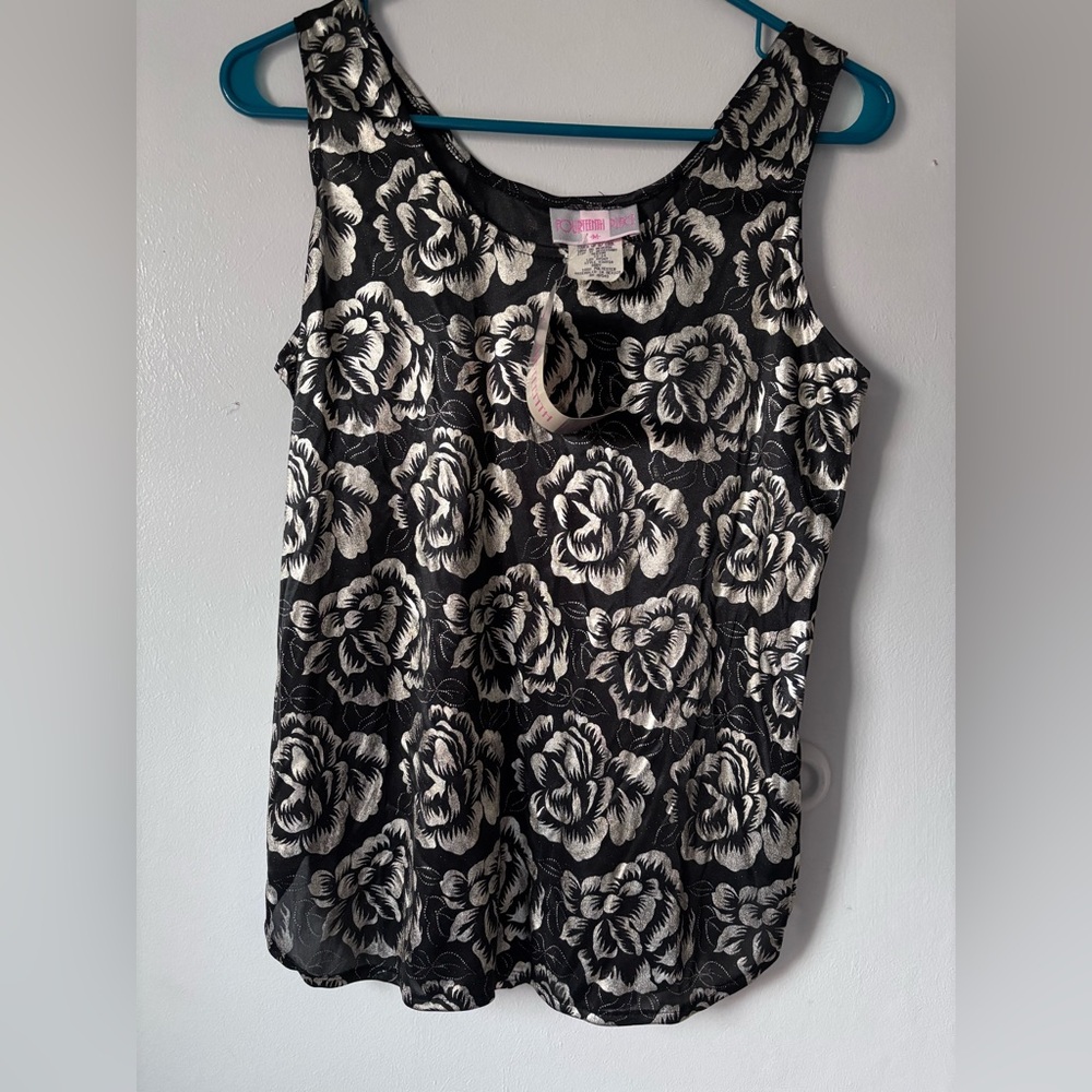 NEW Fourteenth Place Sz Large Black Tank Top Shiny Roses Silver Lamé Deadstock